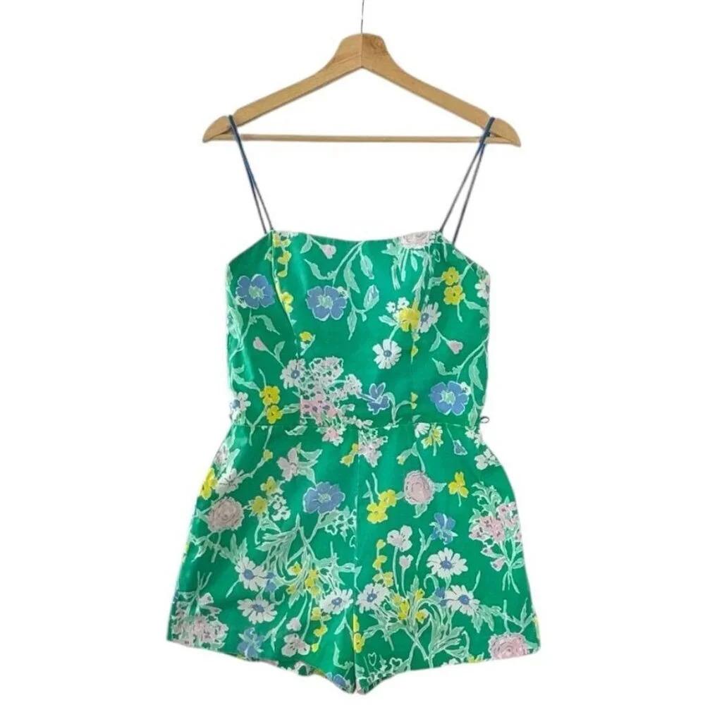 70s Vintage Sea Waves Kelly Green Floral Spaghetti Strap‎ Playsuit Romper
